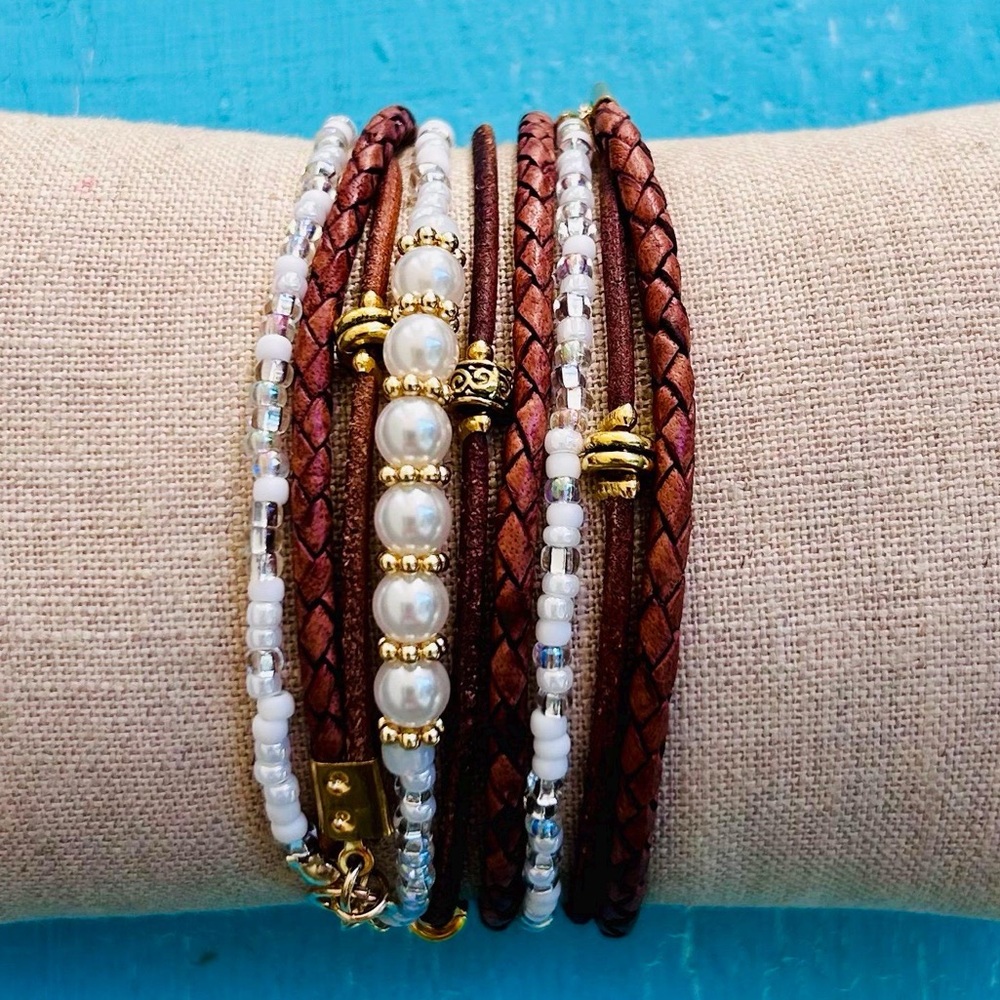 NWT Handmade Genuine Leather and Glass Pearl Wrap Bracelet by Designs by Noa